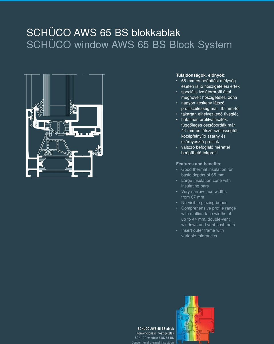 szárny és szárnyosztó profilok változó befoglaló mérettel beépíthetô tokprofil Features and benefits: Good thermal insulation for basic depths of 65 mm Large insulation zone with insulating bars Very