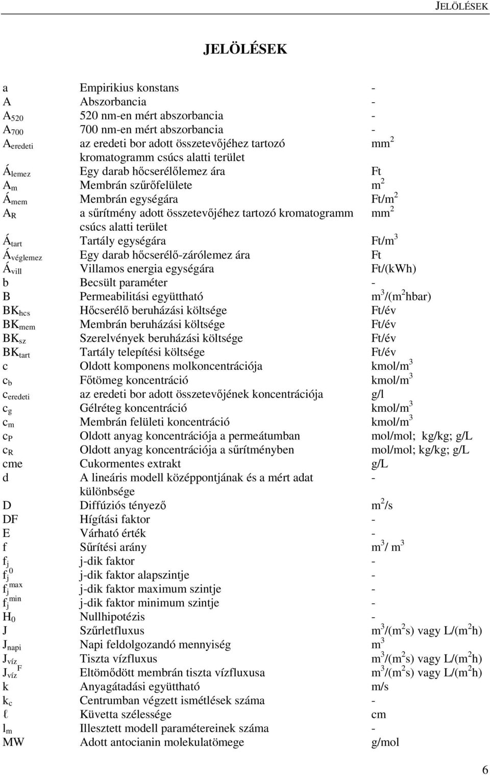 terület Á tart Tartály egységára Ft/m 3 Á véglemez Egy darab hőcserélő-zárólemez ára Ft Á vill Villamos energia egységára Ft/(kWh) b Becsült paraméter - B Permeabilitási együttható m 3 /(m 2 hbar) BK