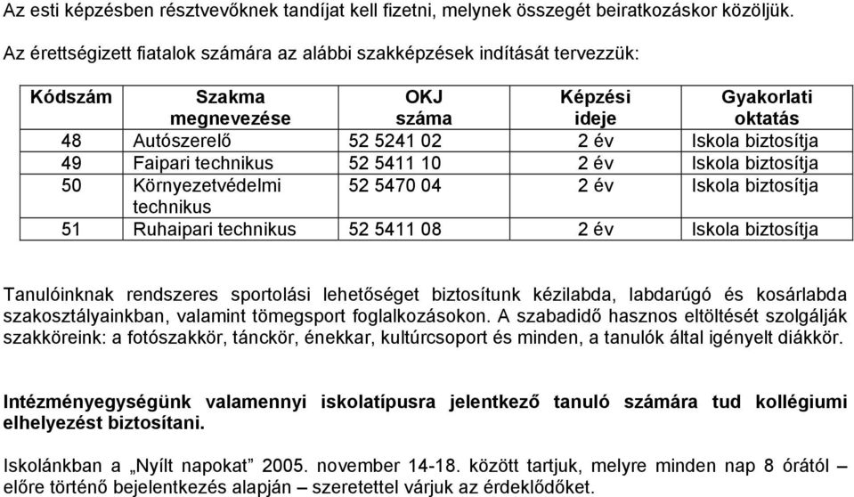 Faipari technikus 52 5411 10 2 év Iskola biztosítja 50 Környezetvédelmi 52 5470 04 2 év Iskola biztosítja technikus 51 Ruhaipari technikus 52 5411 08 2 év Iskola biztosítja Tanulóinknak rendszeres