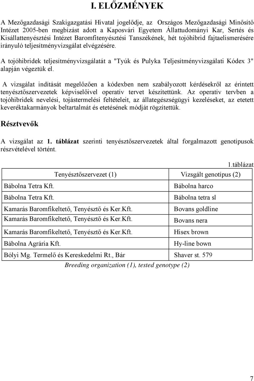 A tojóhibridek teljesítményvizsgálatát a "Tyúk és Pulyka Teljesítményvizsgálati Kódex 3" alapján végeztük el.