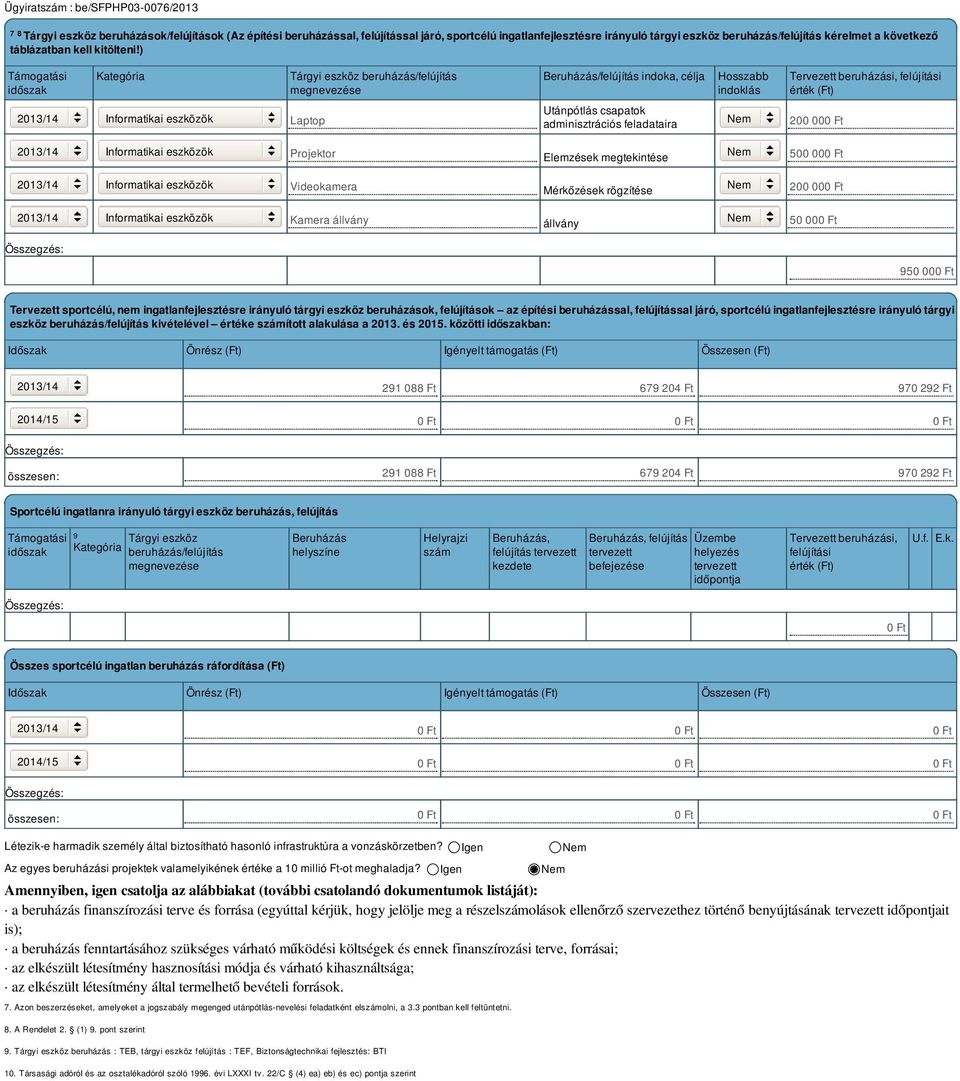 ) Támogatási időszak Kategória Tárgyi eszköz beruházás/felújítás megnevezése Beruházás/felújítás indoka, célja Hosszabb indoklás Tervezett beruházási, felújítási érték (Ft) Informatikai eszközök