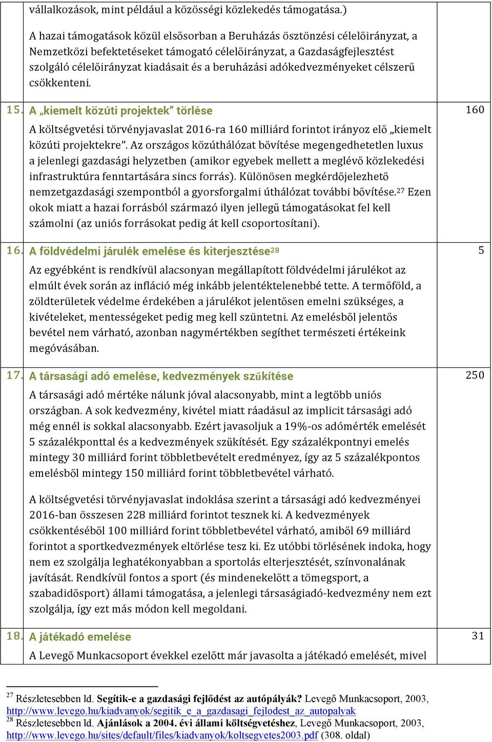 beruházási adókedvezményeket célszerű csökkenteni. 15. A kiemelt közúti projektek törlése A költségvetési törvényjavaslat 2016- ra 160 milliárd forintot irányoz elő kiemelt közúti projektekre.