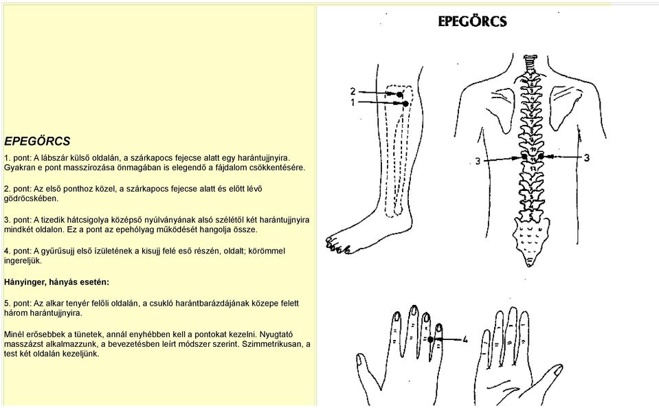 Ez a pont az epehólyag működését hangolja össze. 4. pont: A gyűrűsujj első ízületének a kisujj felé eső részén, oldalt; körömmel ingereljük. Hányinger, hányás esetén: 5.