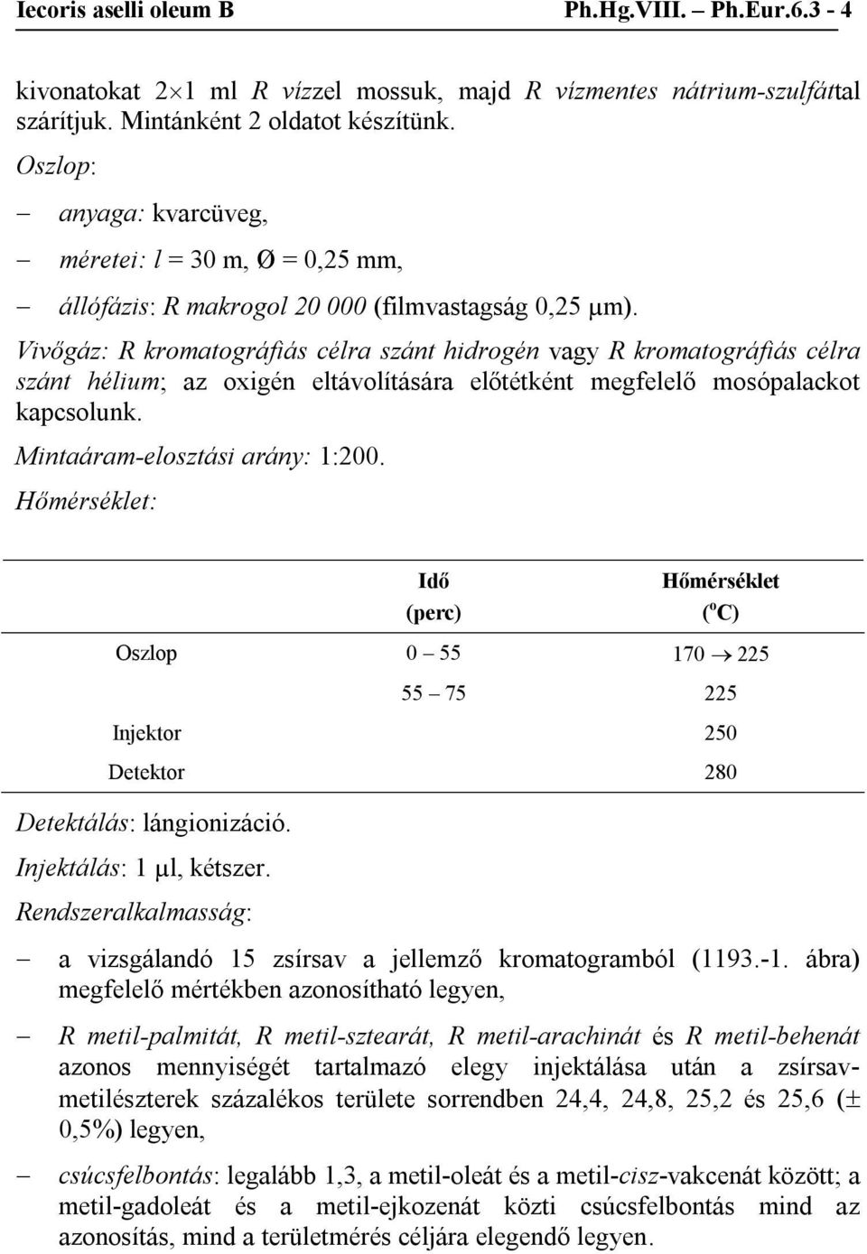 Vivőgáz: R kromatográfiás célra szánt hidrogén vagy R kromatográfiás célra szánt hélium; az oxigén eltávolítására előtétként megfelelő mosópalackot kapcsolunk. Mintaáram-elosztási arány: 1:200.