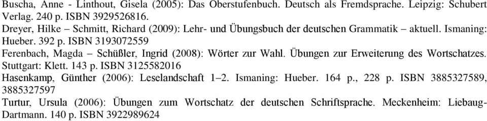 ISBN 3193072559 Ferenbach, Magda Schüßler, Ingrid (2008): Wörter zur Wahl. Übungen zur Erweiterung des Wortschatzes. Stuttgart: Klett. 143 p.