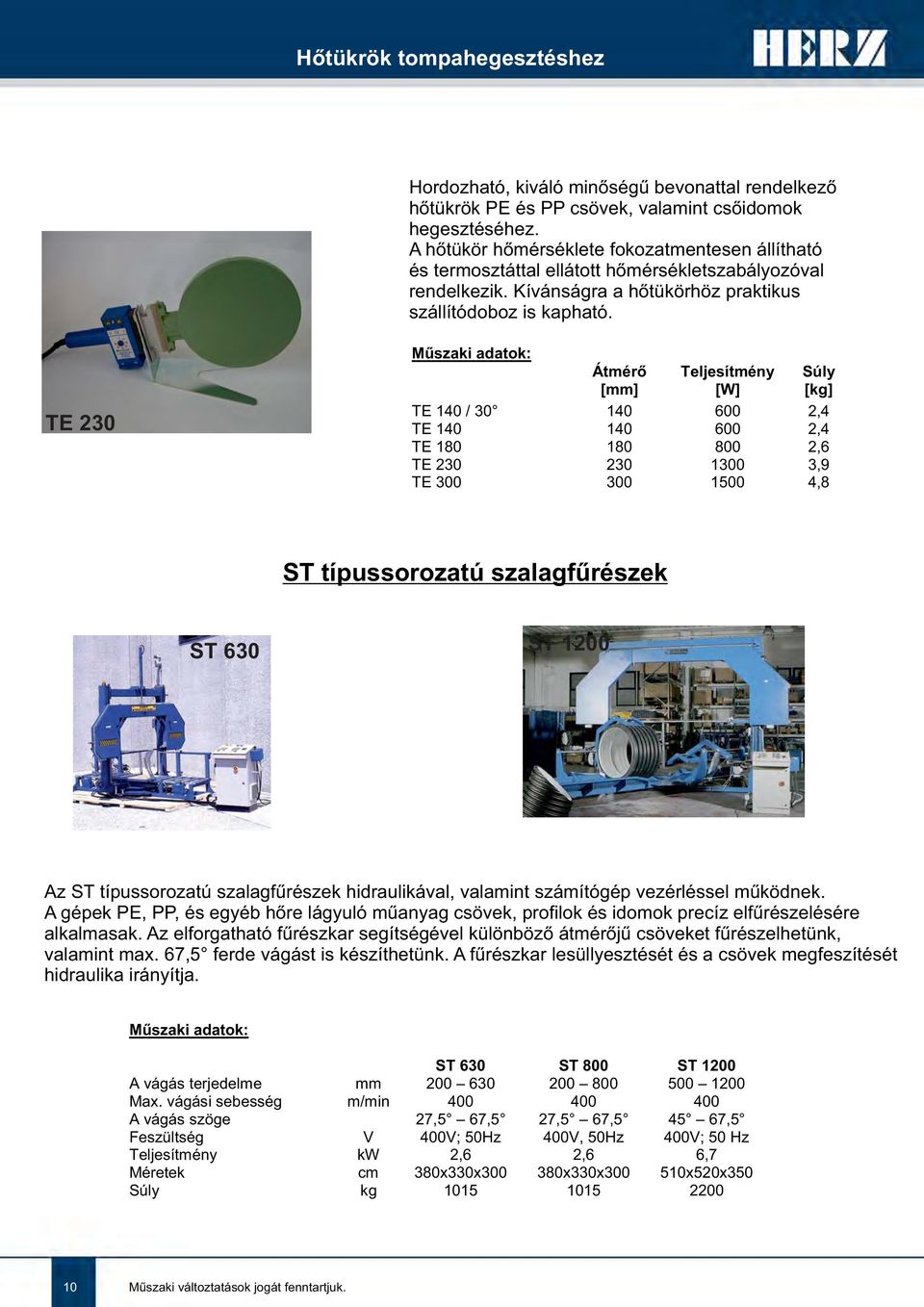 TE 230 Műszaki adatok: Átmérő [mm] Teljesítmény [W] Súly [kg] TE 140 / 30 140 600 2,4 TE 140 140 600 2,4 TE 180 180 800 2,6 TE 230 230 1300 3,9 TE 300 300 1500 4,8 ST típussorozatú szalagfűrészek ST