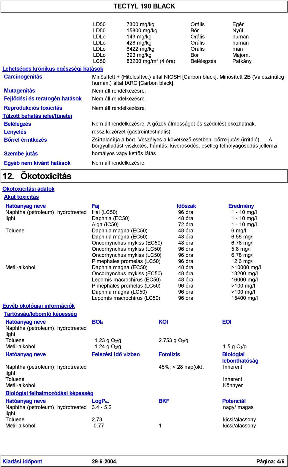 Minősített + (Hitelesítve.) által NIOSH [Carbon black]. Minősített 2B (Valószínűleg humán.) által IARC [Carbon black]. A gőzök álmosságot és szédülést okozhatnak.