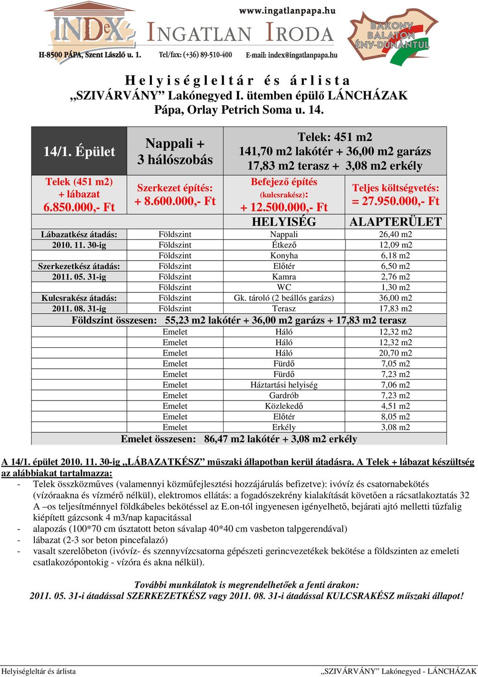 30-ig Földszint Étkező 12,09 m2 Földszint Konyha 6,18 m2 Szerkezetkész átadás: Földszint Előtér 6,50 m2 2011. 05. 31-ig Földszint Kamra 2,76 m2 Földszint WC 1,30 m2 Kulcsrakész átadás: Földszint Gk.