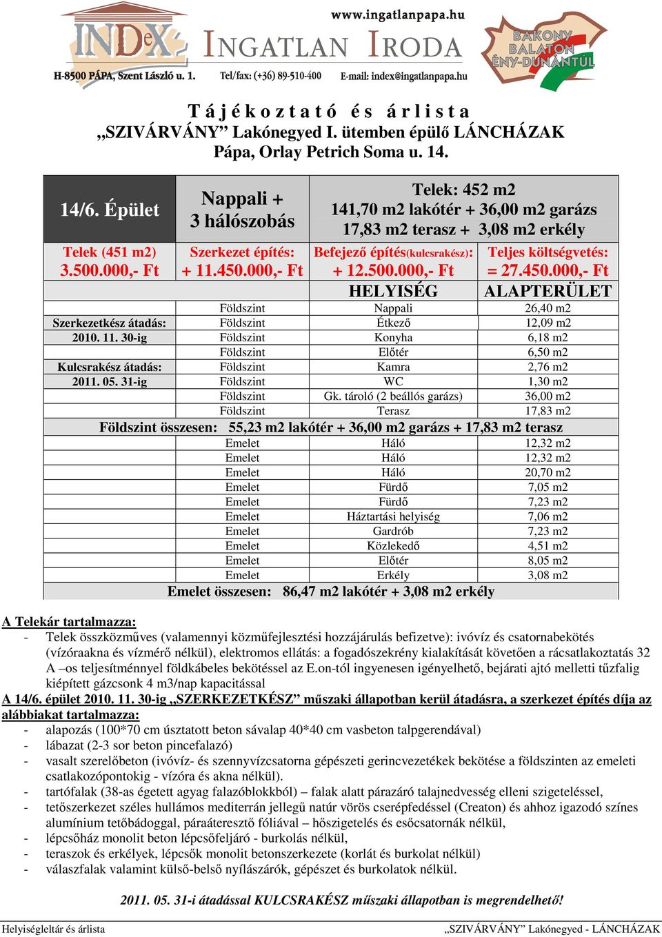 tároló (2 beállós garázs) 36,00 m2 Földszint Terasz 17,83 m2 Emelet Háló 20,70 m2 Emelet Fürdő 7,23 m2 Emelet Háztartási helyiség 7,06 m2 Emelet Gardrób 7,23 m2 Emelet összesen: 86,47 m2 lakótér +