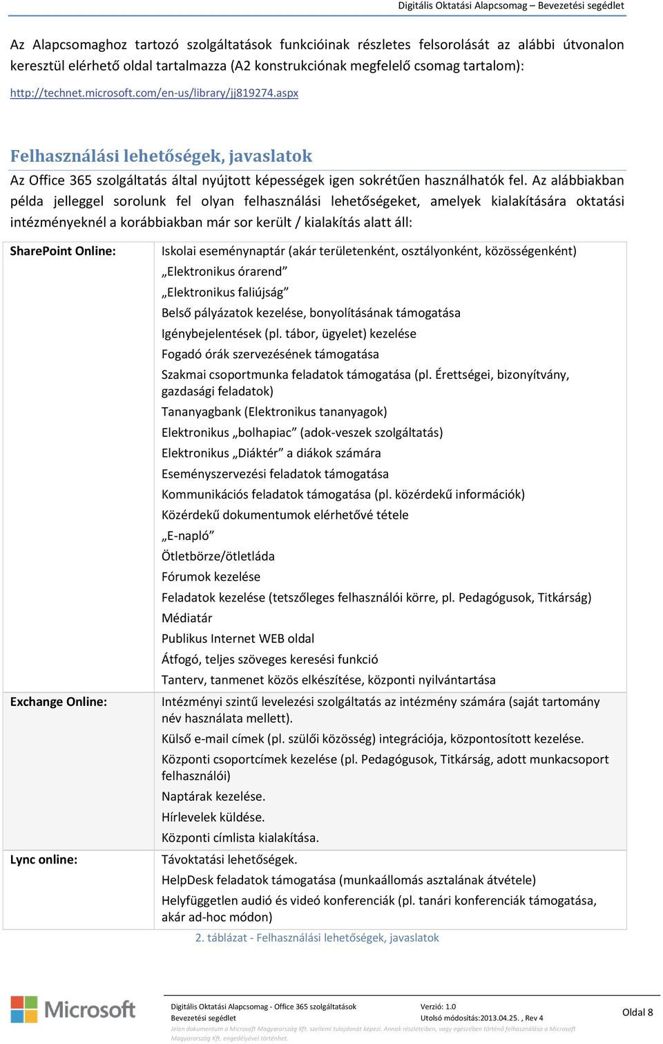 Az alábbiakban példa jelleggel sorolunk fel olyan felhasználási lehetőségeket, amelyek kialakítására oktatási intézményeknél a korábbiakban már sor került / kialakítás alatt áll: SharePoint Online: