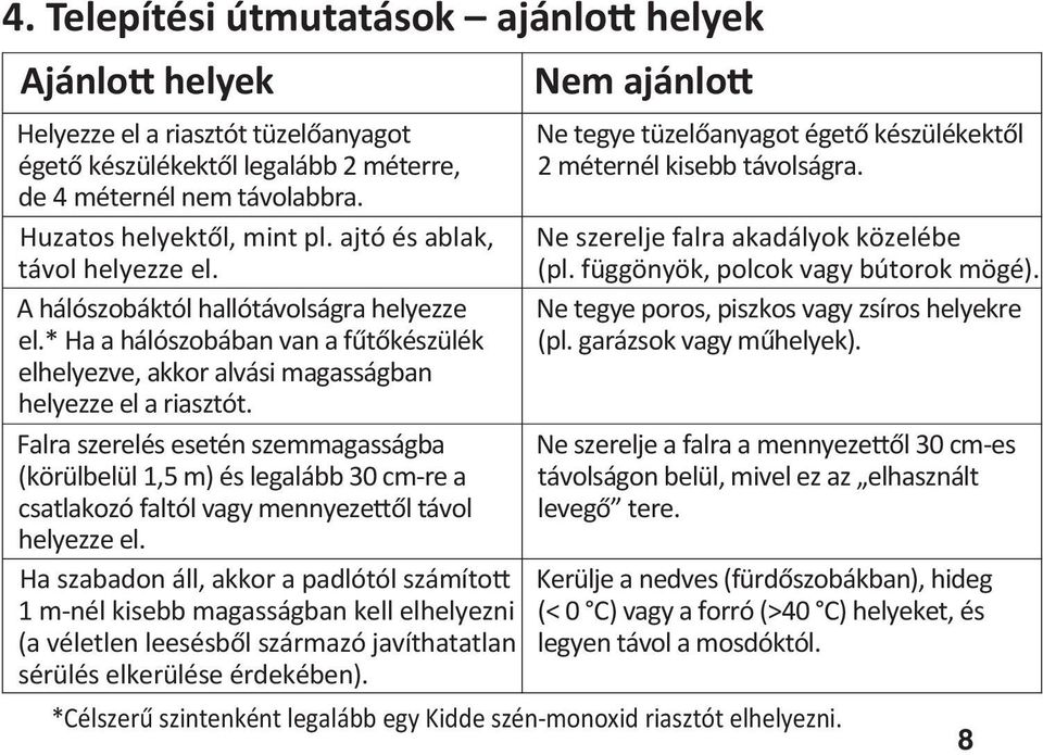 Falra szerelés esetén szemmagasságba (körülbelül 1,5 m) és legalább 30 cm-re a csatlakozó faltól vagy mennyeze ől távol helyezze el.