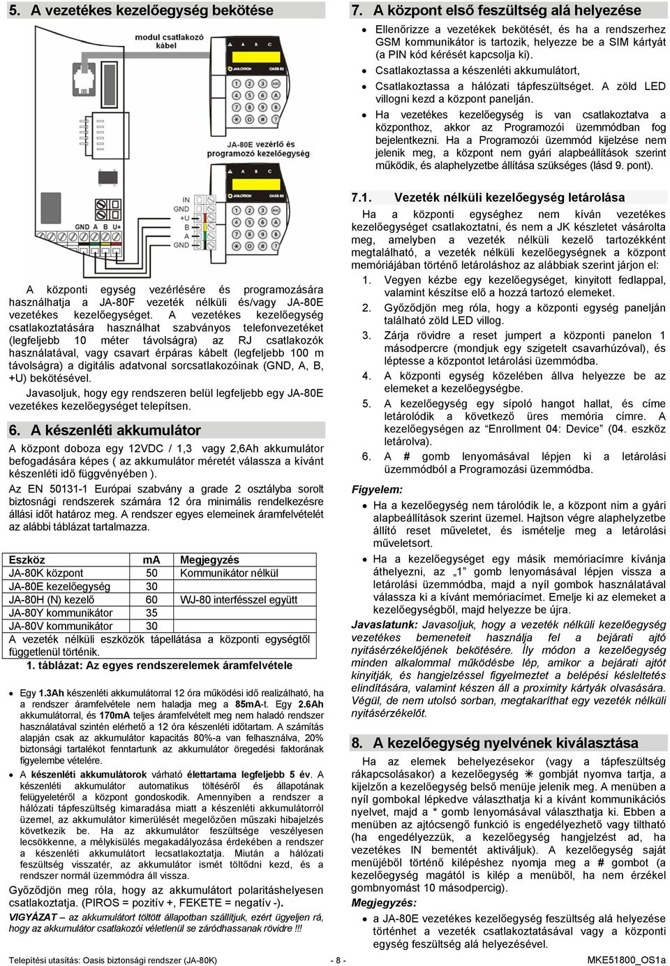 Csatlakoztassa a készenléti akkumulátort, Csatlakoztassa a hálózati tápfeszültséget. A zöld LED villogni kezd a központ panelján.