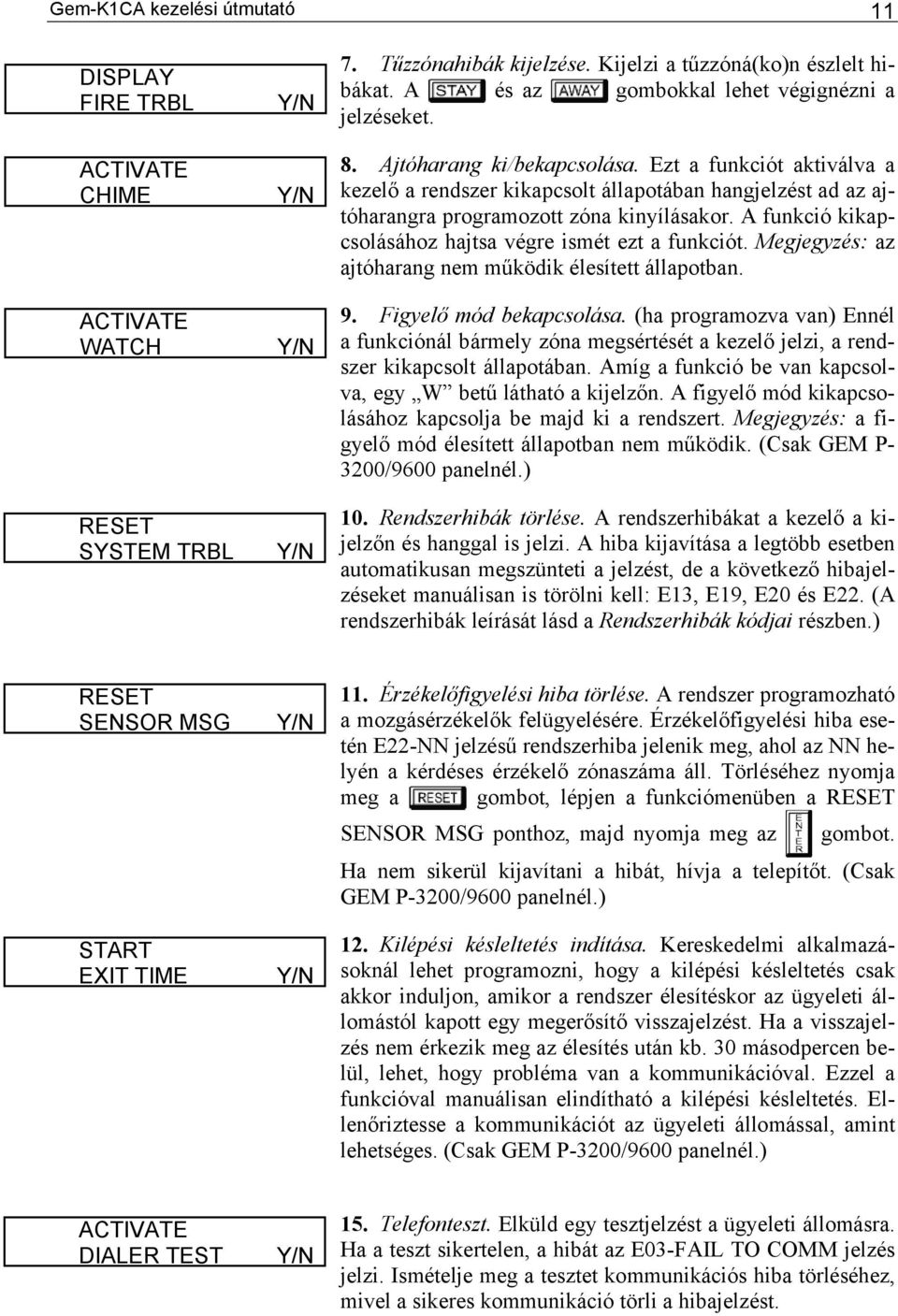 Megjegyzés: az tóharangra programozott zóna kinyílásakor. A funkció kikapcsolásához hajtsa végre ajtóharang nem működik élesített állapotban. 9. Figyelő mód bekapcsolása.