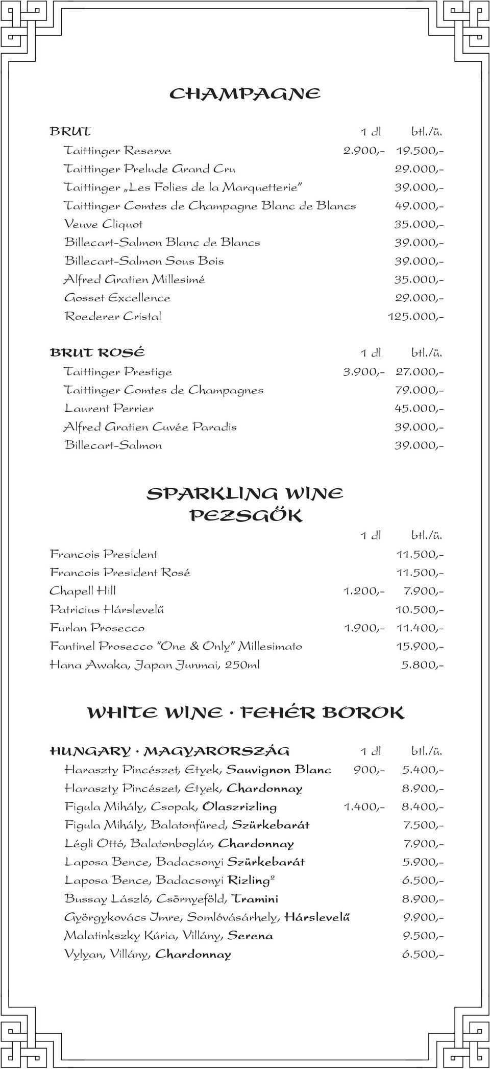 000,- Gosset Excellence 29.000,- Roederer Cristal 125.000,- BRUT ROSÉ 1 dl btl./ü. Taittinger Prestige 3.900,- 27.000,- Taittinger Comtes de Champagnes 79.000,- Laurent Perrier 45.