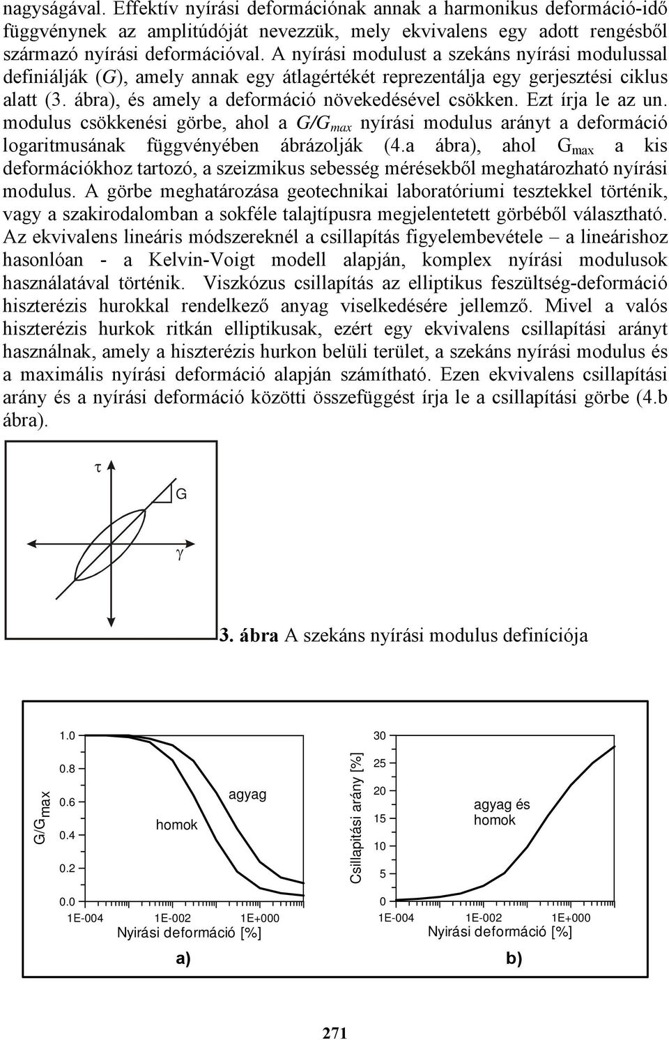 Ezt írja le az un. modulus csökkenési görbe, ahol a G/G max nyírási modulus arányt a deformáció logaritmusának függvényében ábrázolják (4.