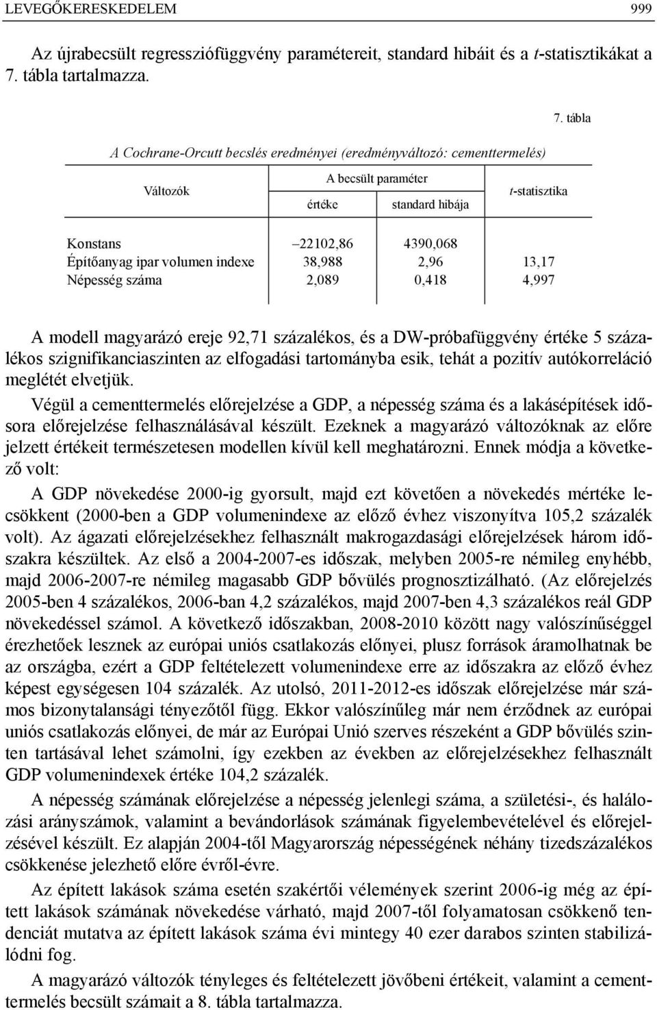 tábla Változók értéke A becsült paraméter standard hibája t-statisztika Konstans 22102,86 4390,068 Építőanyag ipar volumen indexe 38,988 2,96 13,17 Népesség száma 2,089 0,418 4,997 A modell magyarázó