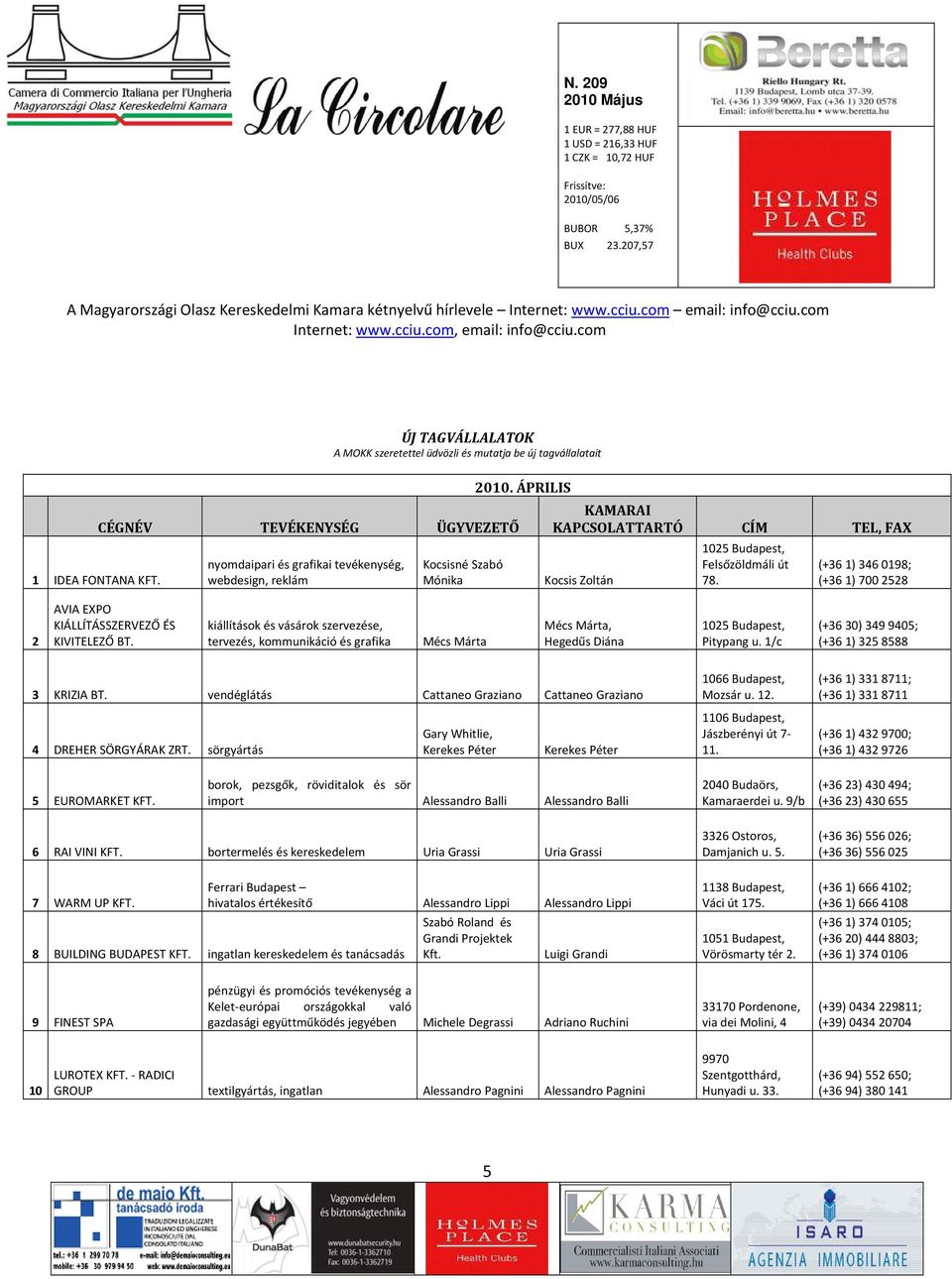 ÁPRILIS KAMARAI KAPCSOLATTARTÓ CÍM TEL, FAX Kocsis Zoltán 1025 Budapest, Felsőzöldmáli út 78. (+36 1) 346 0198; (+36 1) 700 2528 2 AVIA EXPO KIÁLLÍTÁSSZERVEZŐ ÉS KIVITELEZŐ BT.