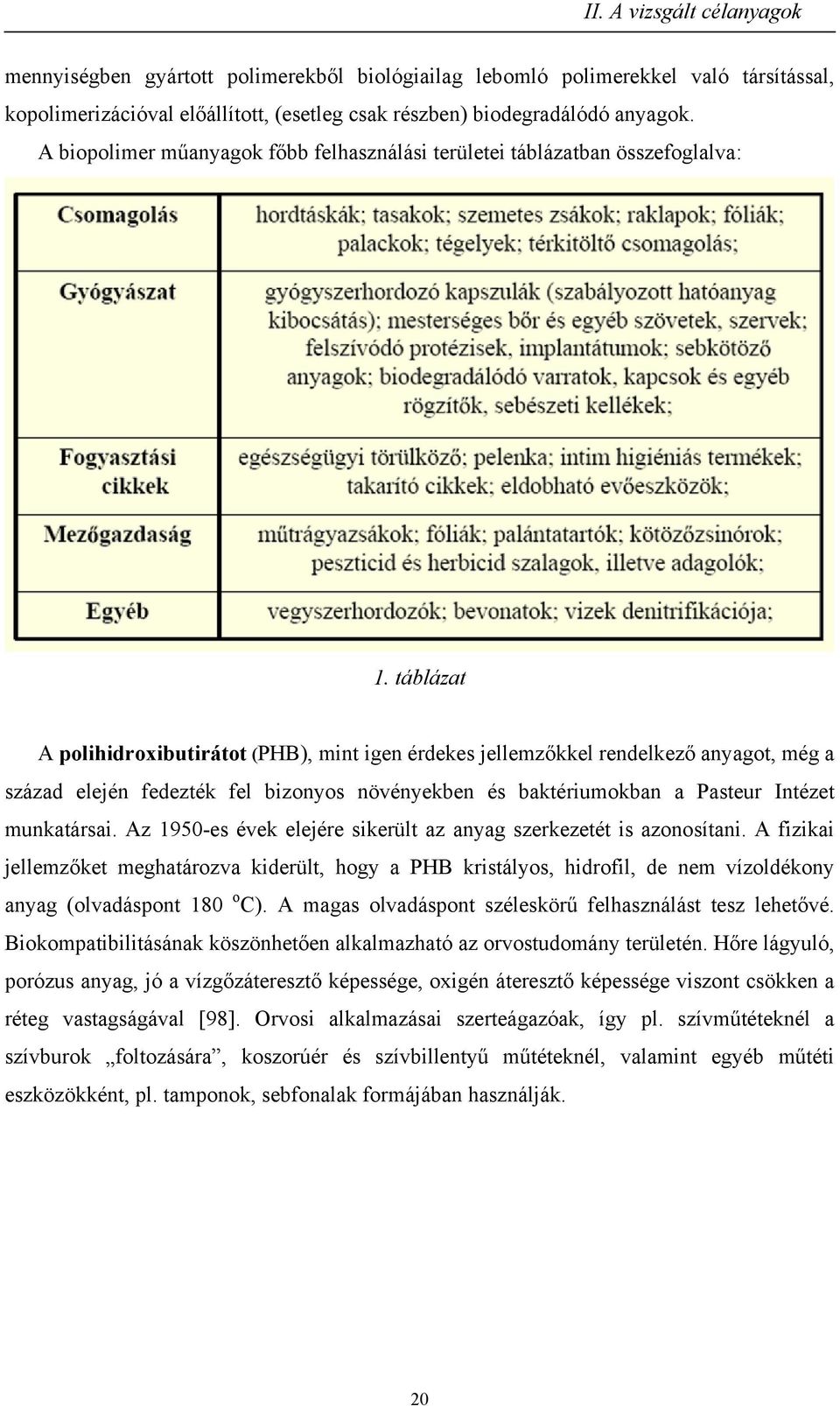 táblázat A polihidroxibutirátot (PHB), mint igen érdekes jellemzőkkel rendelkező anyagot, még a század elején fedezték fel bizonyos növényekben és baktériumokban a Pasteur Intézet munkatársai.