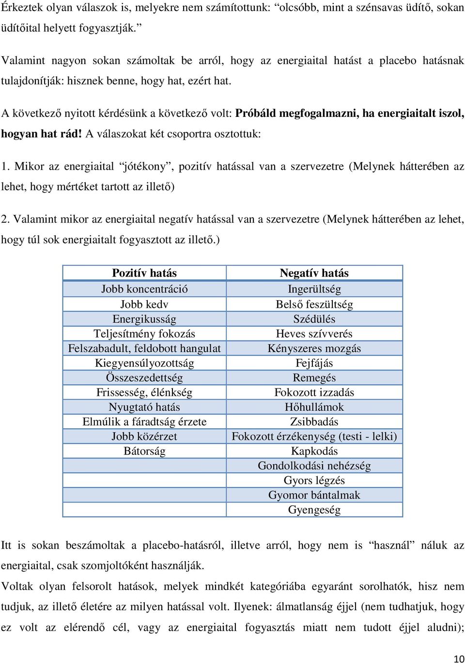 A következı nyitott kérdésünk a következı volt: Próbáld megfogalmazni, ha energiaitalt iszol, hogyan hat rád! A válaszokat két csoportra osztottuk: 1.