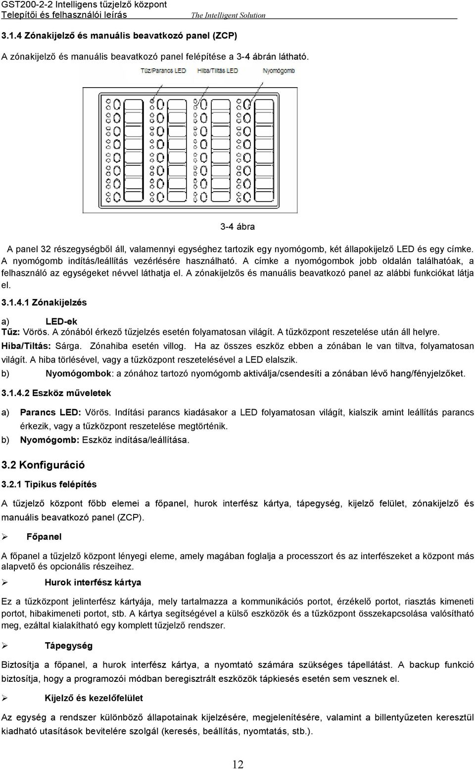 A címke a nyomógombok jobb oldalán találhatóak, a felhasználó az egységeket névvel láthatja el. A zónakijelzős és manuális beavatkozó panel az alábbi funkciókat látja el. 3.1.4.