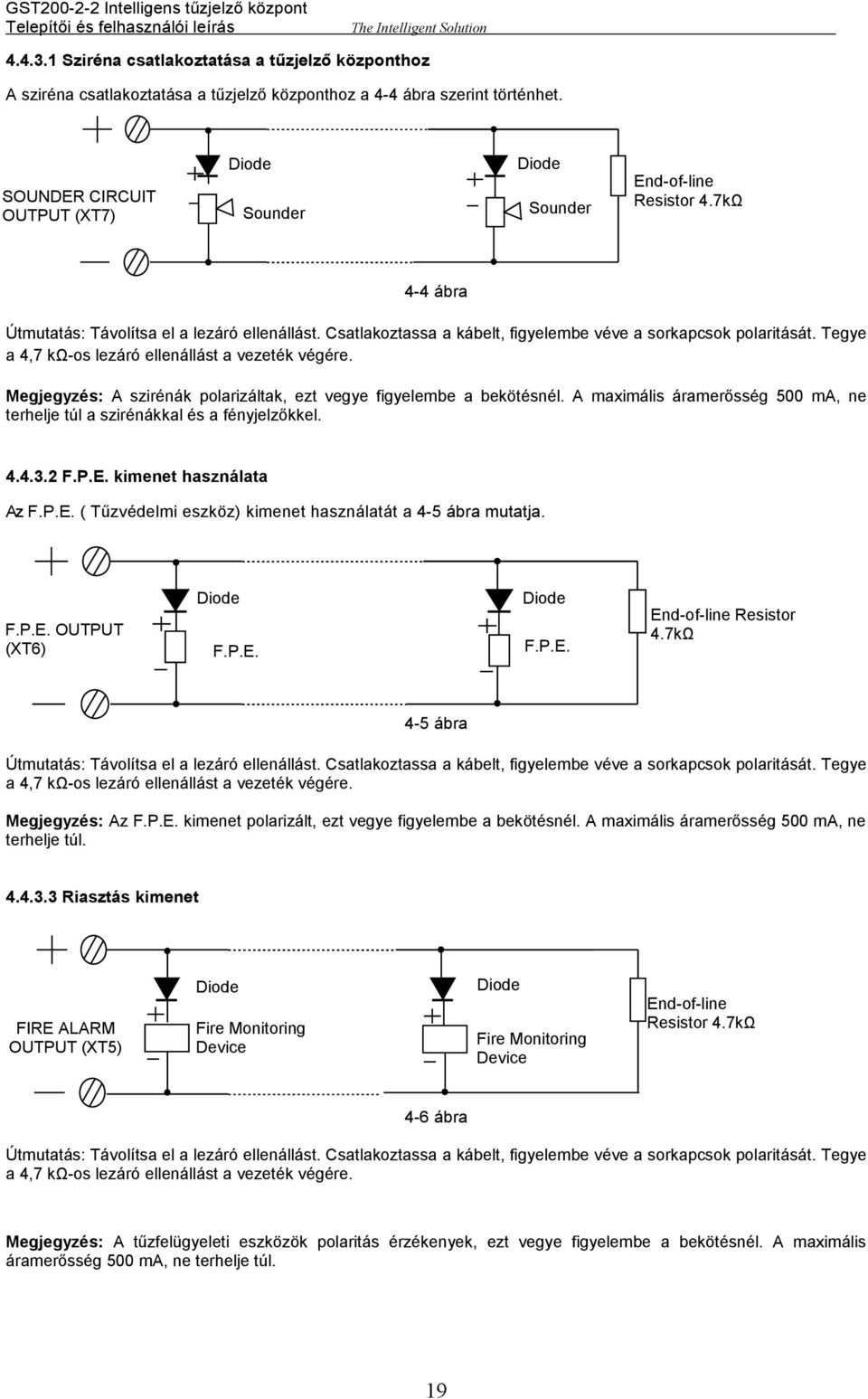 Csatlakoztassa a kábelt, figyelembe véve a sorkapcsok polaritását. Tegye a 4,7 kω-os lezáró ellenállást a vezeték végére. Megjegyzés: A szirénák polarizáltak, ezt vegye figyelembe a bekötésnél.