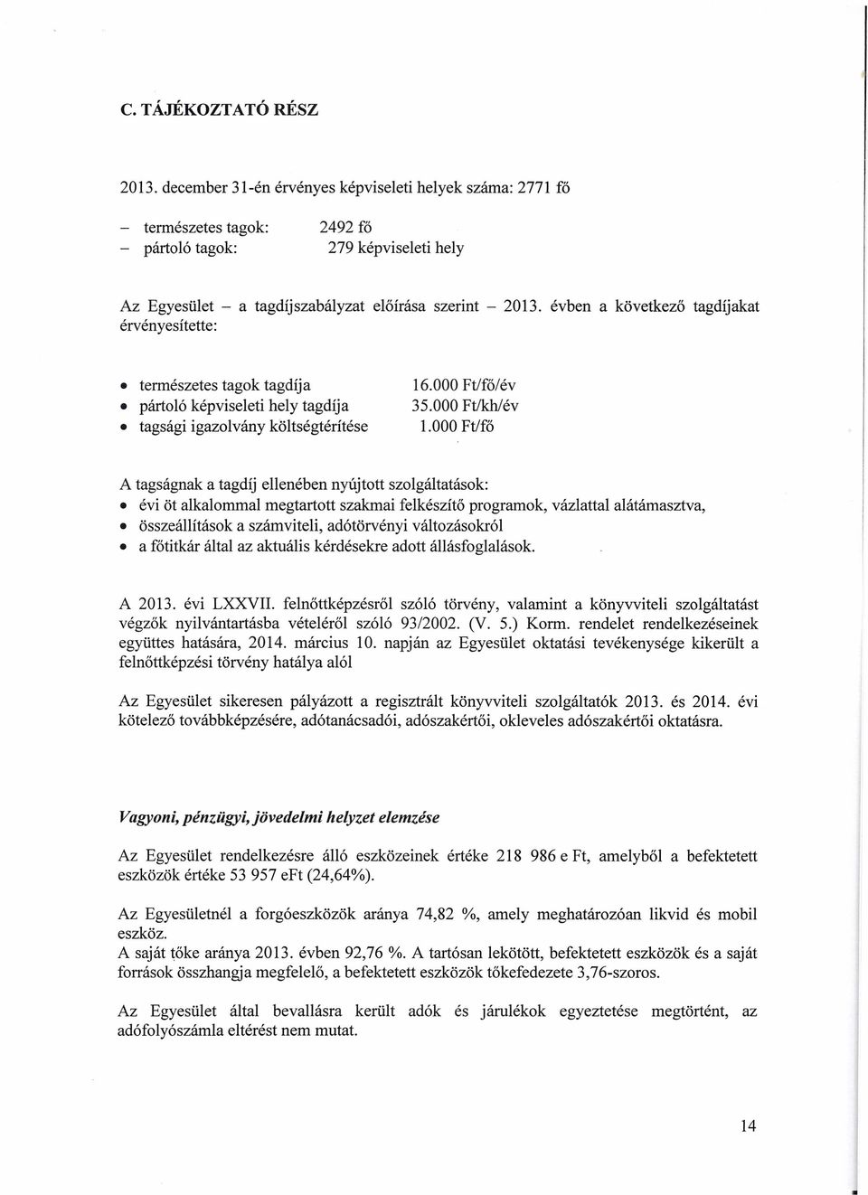 évben a következő tagdíjakat érvényesítette: természetes tagok tagdíja pártoló képviseleti hely tagdíja tagsági igazolvány költségtérítése 16.000 Ftlfő/év 35.000 Ftlkh/év 1.