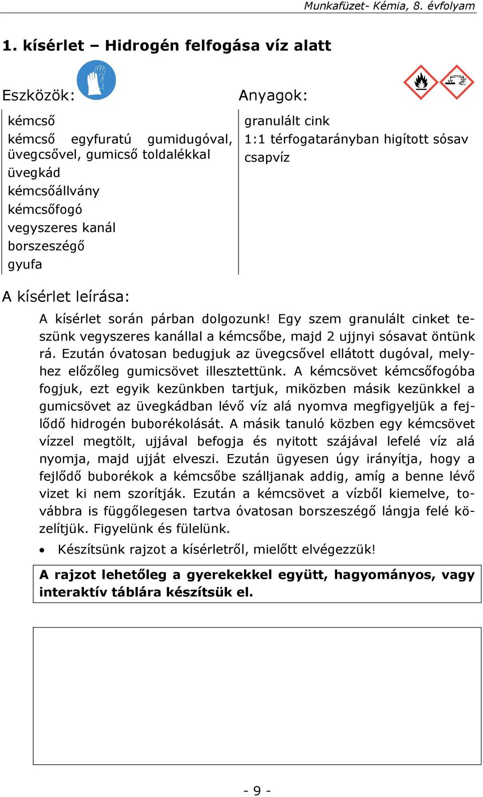 Egy szem granulált cinket teszünk vegyszeres kanállal a kémcsőbe, majd 2 ujjnyi sósavat öntünk rá. Ezután óvatosan bedugjuk az üvegcsővel ellátott dugóval, melyhez előzőleg gumicsövet illesztettünk.