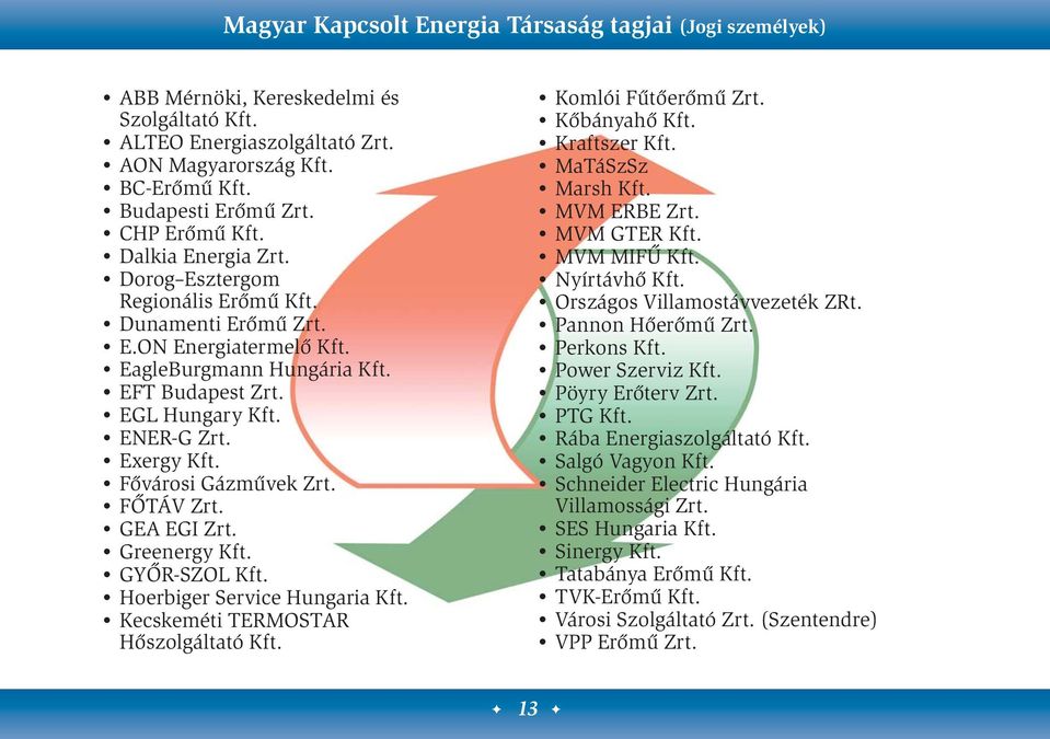 Exergy Kft. ővárosi Gázművek Zrt. ŐTÁV Zrt. GEA EGI Zrt. Greenergy Kft. GYŐR-SZOL Kft. Hoerbiger Service Hungaria Kft. Kecskeméti TERMOSTAR Hőszolgáltató Kft. Komlói űtőerőmű Zrt. Kőbányahő Kft.