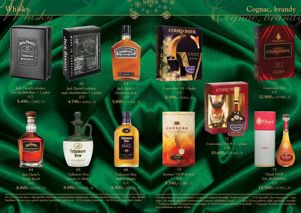 143,-/l) 64 65 66 74 75 Jack Daniel s Single Barrel Tullamore Dew kancsós ír whisky Tullamore Dew Malt ír whisky Janneau VSOP konyak Otard VSOP fém díszdobozban 8.800.- (12.571,-/l) 9.590,- (13.