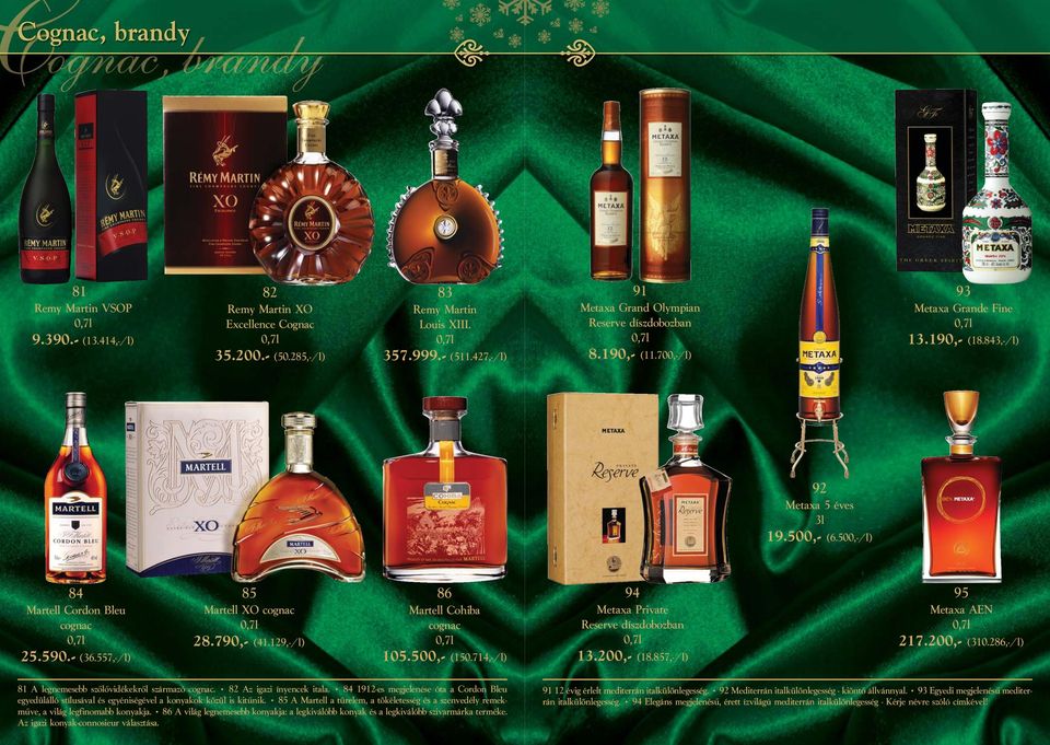 500,-/l) 84 85 86 94 95 Martell Cordon Bleu cognac Martell XO cognac Martell Cohiba cognac Metaxa Private Reserve díszdobozban Metaxa AEN 25.590.- (36.557,-/l) 28.790,- (41.129,-/l) 105.500,- (150.