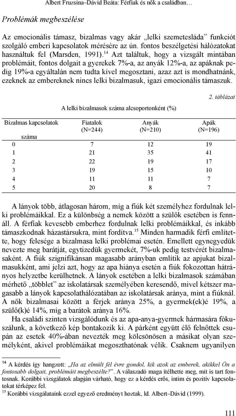 14 Azt találtuk, hogy a vizsgált mintában problémáit, fontos dolgait a gyerekek 7%-a, az anyák 12%-a, az apáknak pedig 19%-a egyáltalán nem tudta kivel megosztani, azaz azt is mondhatnánk, ezeknek az