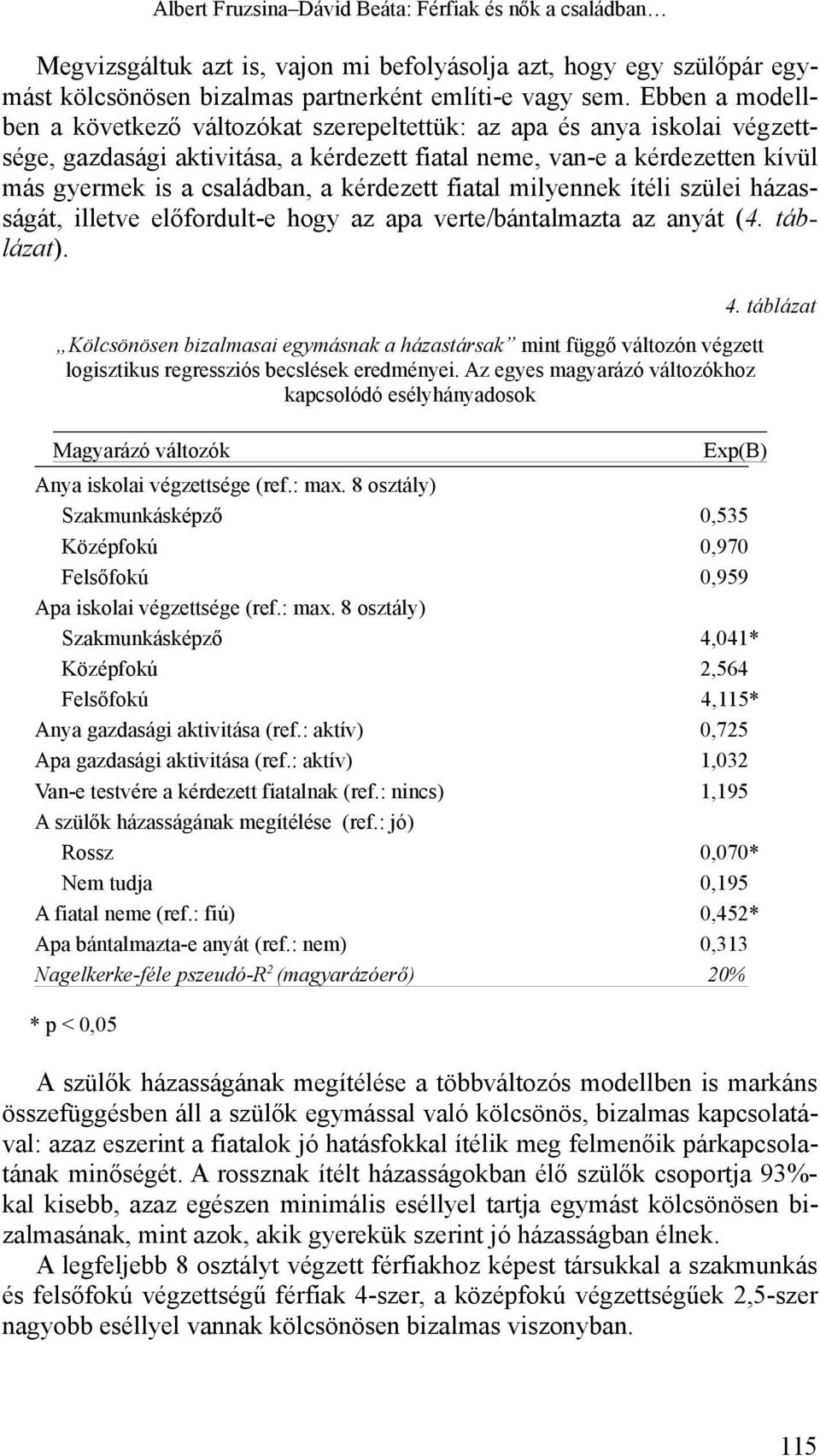 kérdezett fiatal milyennek ítéli szülei házasságát, illetve előfordult-e hogy az apa verte/bántalmazta az anyát (4. táblázat).