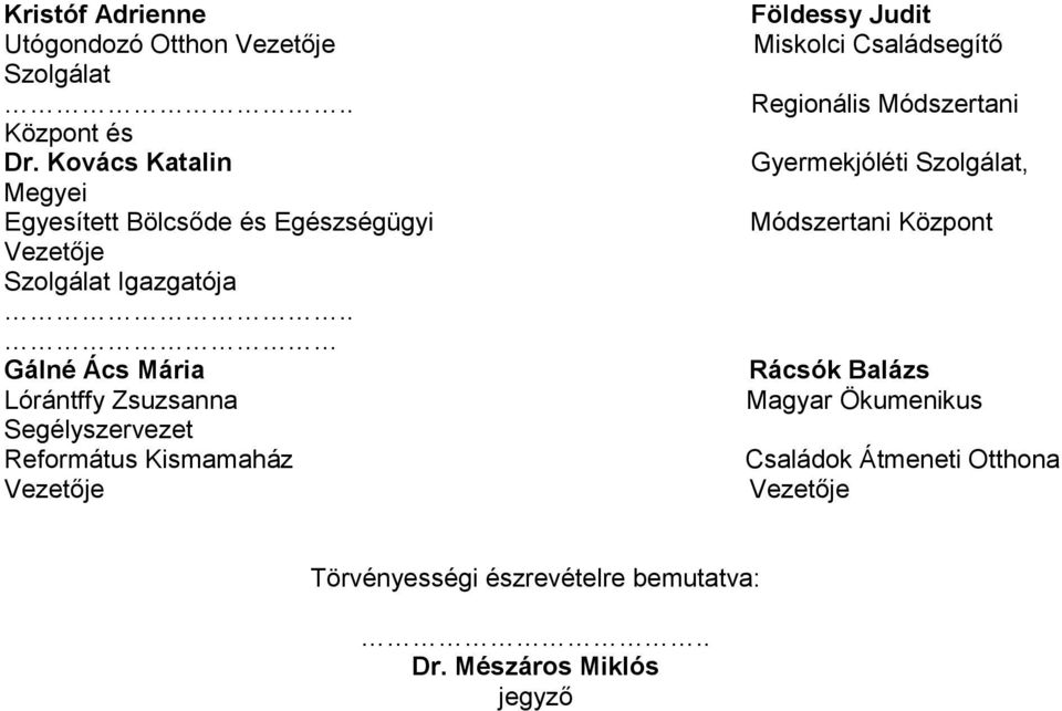 . Gálné Ács Mária Lórántffy Zsuzsanna Segélyszervezet Református Kismamaház Vezetője Földessy Judit Miskolci