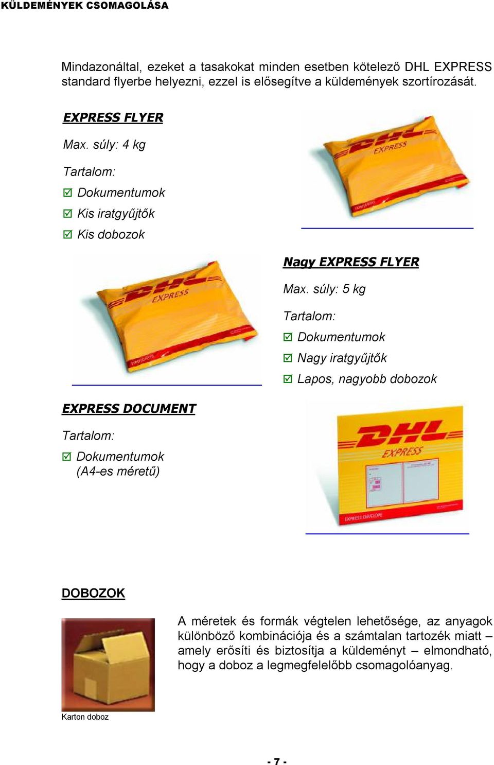 súly: 4 kg Tartalom: Dokumentumok Kis iratgyűjtők Kis dobozok EXPRESS DOCUMENT Tartalom: Dokumentumok (A4-es méretű) Nagy  súly: 5 kg Tartalom: