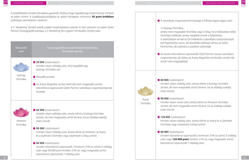 Marketing Tervből eredő jutalék kiszámításához először ki kell számolni az adott Üzleti Partner Összegyűjtött pontjait a II. Marketing Terv egyéni minősülési szintjei után.