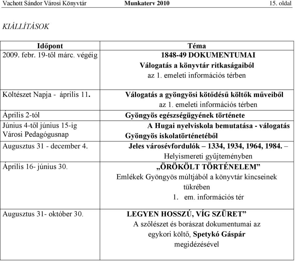 emeleti információs térben Április 2-tól Gyöngyös egészségügyének története Június 4-től június 15-ig A Hugai nyelviskola bemutatása - válogatás Városi Pedagógusnap Gyöngyös iskolatörténetéből