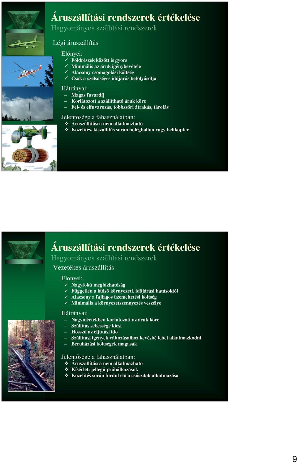 helikopter Áruszállítási rendszerek értékelése Hagyományos szállítási rendszerek Vezetékes áruszállítás Nagyfokú megbízhatóság Független a külső környezeti, időjárási hatásoktól Alacsony a fajlagos