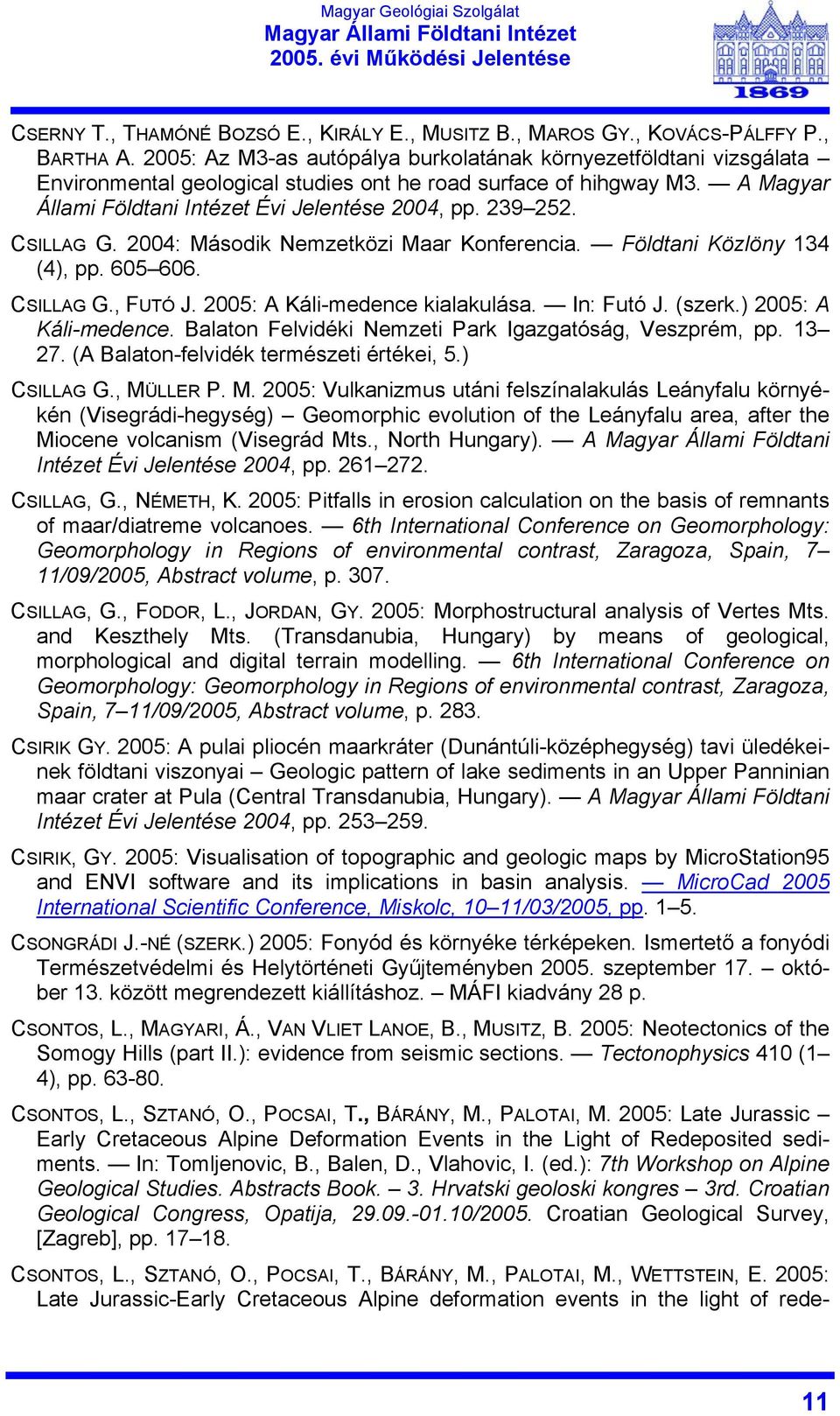 CSILLAG G. 2004: Második Nemzetközi Maar Konferencia. Földtani Közlöny 134 (4), pp. 605 606. CSILLAG G., FUTÓ J. 2005: A Káli-medence kialakulása. In: Futó J. (szerk.) 2005: A Káli-medence.