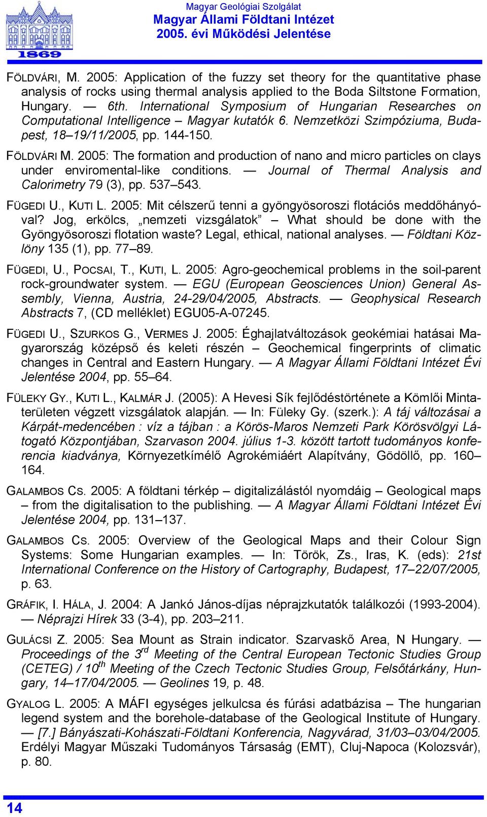 2005: The formation and production of nano and micro particles on clays under enviromental-like conditions. Journal of Thermal Analysis and Calorimetry 79 (3), pp. 537 543. FÜGEDI U., KUTI L.