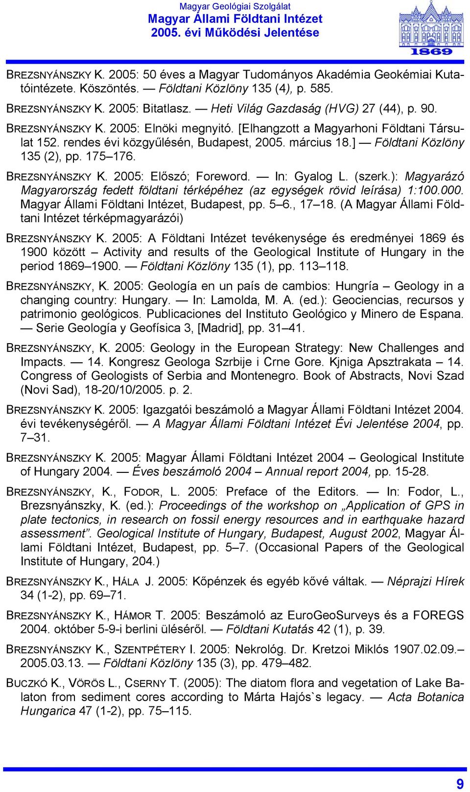 ] Földtani Közlöny 135 (2), pp. 175 176. BREZSNYÁNSZKY K. 2005: Előszó; Foreword. In: Gyalog L. (szerk.): Magyarázó Magyarország fedett földtani térképéhez (az egységek rövid leírása) 1:100.000.