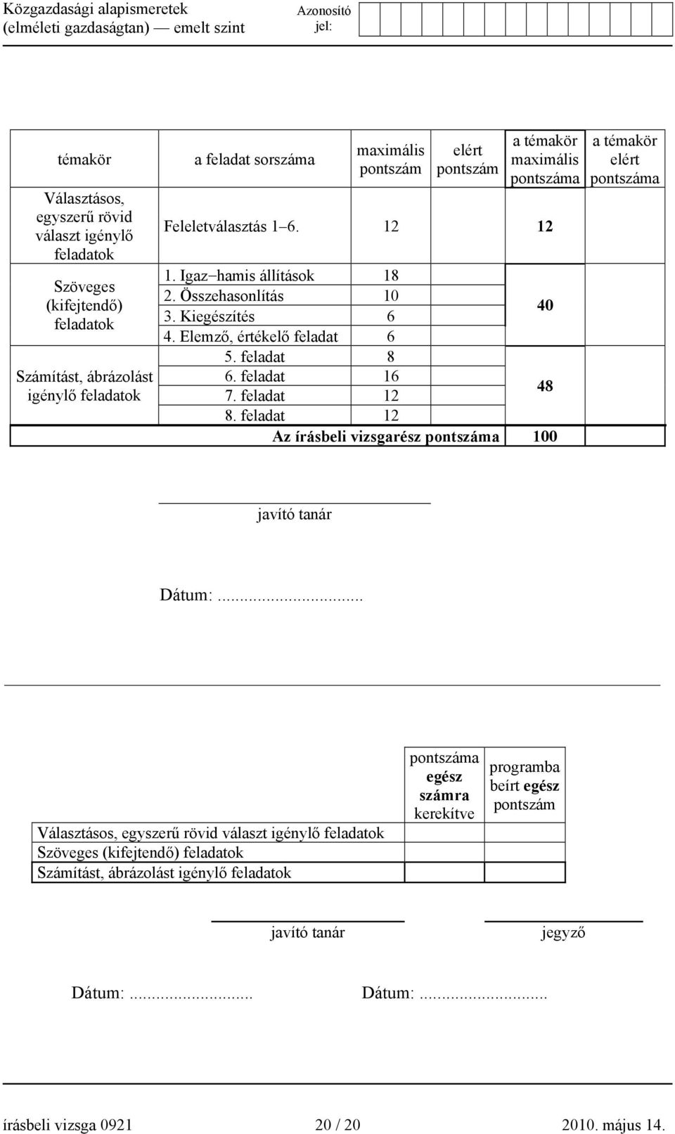 feladat 12 48 8. feladat 12 Az írásbeli vizsgarész pontszáma 100 a témakör elért pontszáma javító tanár Dátum:.