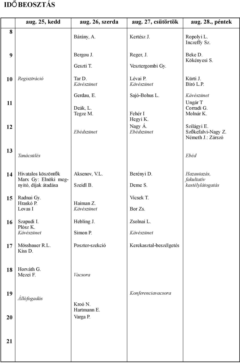 Ebédszünet Kávészünet Ungár T Corradi G. Molnár K. Szilágyi E. Szőkefalvi-Nagy Z. Németh J.: Zárszó 13 Tanácsülés Ebéd 14 Hivatalos köszöntők Marx Gy: Elnöki megnyitó, díjak átadása Aksenov, V.L.