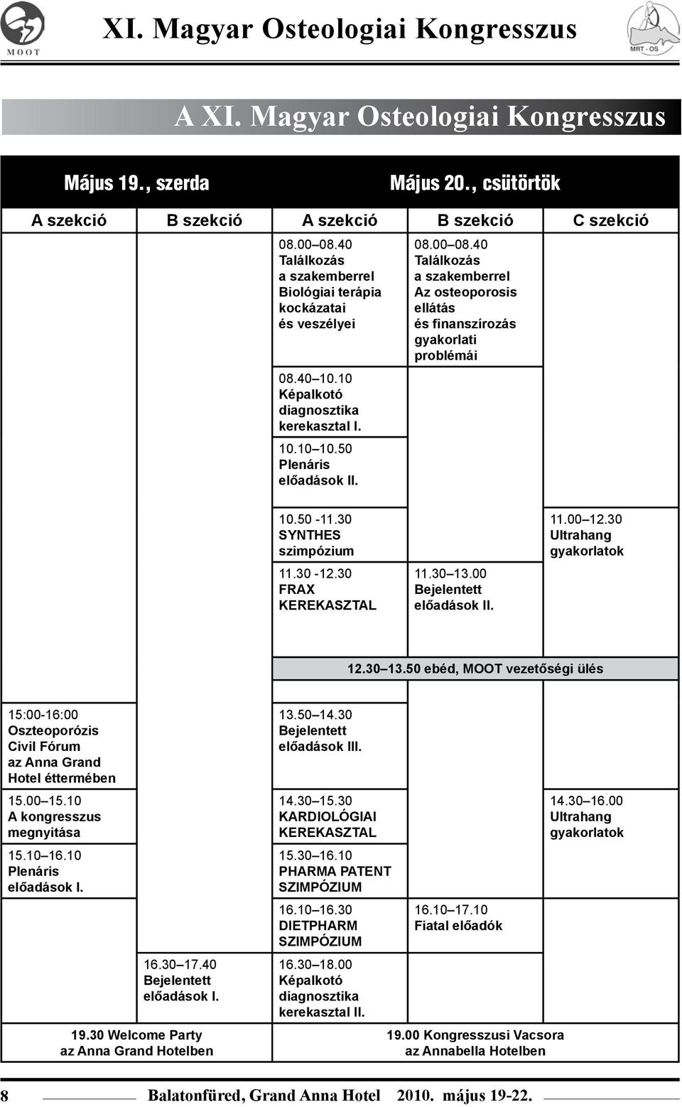 40 Találkozás a szakemberrel Az osteoporosis ellátás és finanszírozás gyakorlati problémái 10.50-11.30 SYNTHES szimpózium 11.30-12.30 FRAX KEREKASZTAL 11.30 13.00 Bejelentett előadások II. 11.00 12.