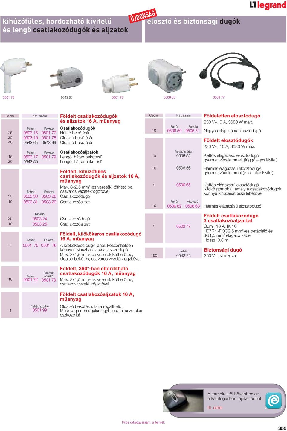 Csatlakozóaljzatok 15 0503 17 0501 79 Lengő, hátsó bekötésű 20 0543 50 Lengő, hátsó bekötésű Földelt, kihúzófüles csatlakozódugók és aljzatok 16 A, műanyag Fekete Max.