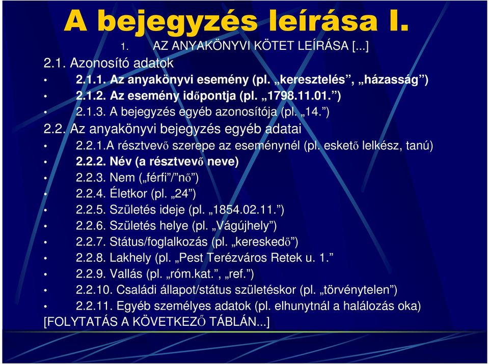 Nem ( férfi / nő ) 2.2.4. Életkor (pl. 24 ) 2.2.5. Születés ideje (pl. 1854.02.11. ) 2.2.6. Születés helye (pl. Vágújhely ) 2.2.7. Státus/foglalkozás (pl. kereskedő ) 2.2.8. Lakhely (pl.