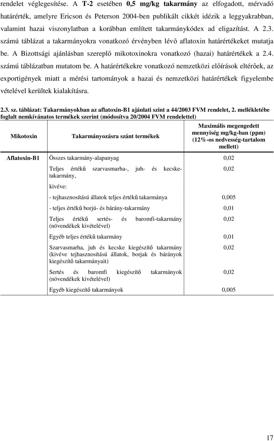 takarmánykódex ad eligazítást. A 2.3. számú táblázat a takarmányokra vonatkozó érvényben lévı aflatoxin határértékeket mutatja be.