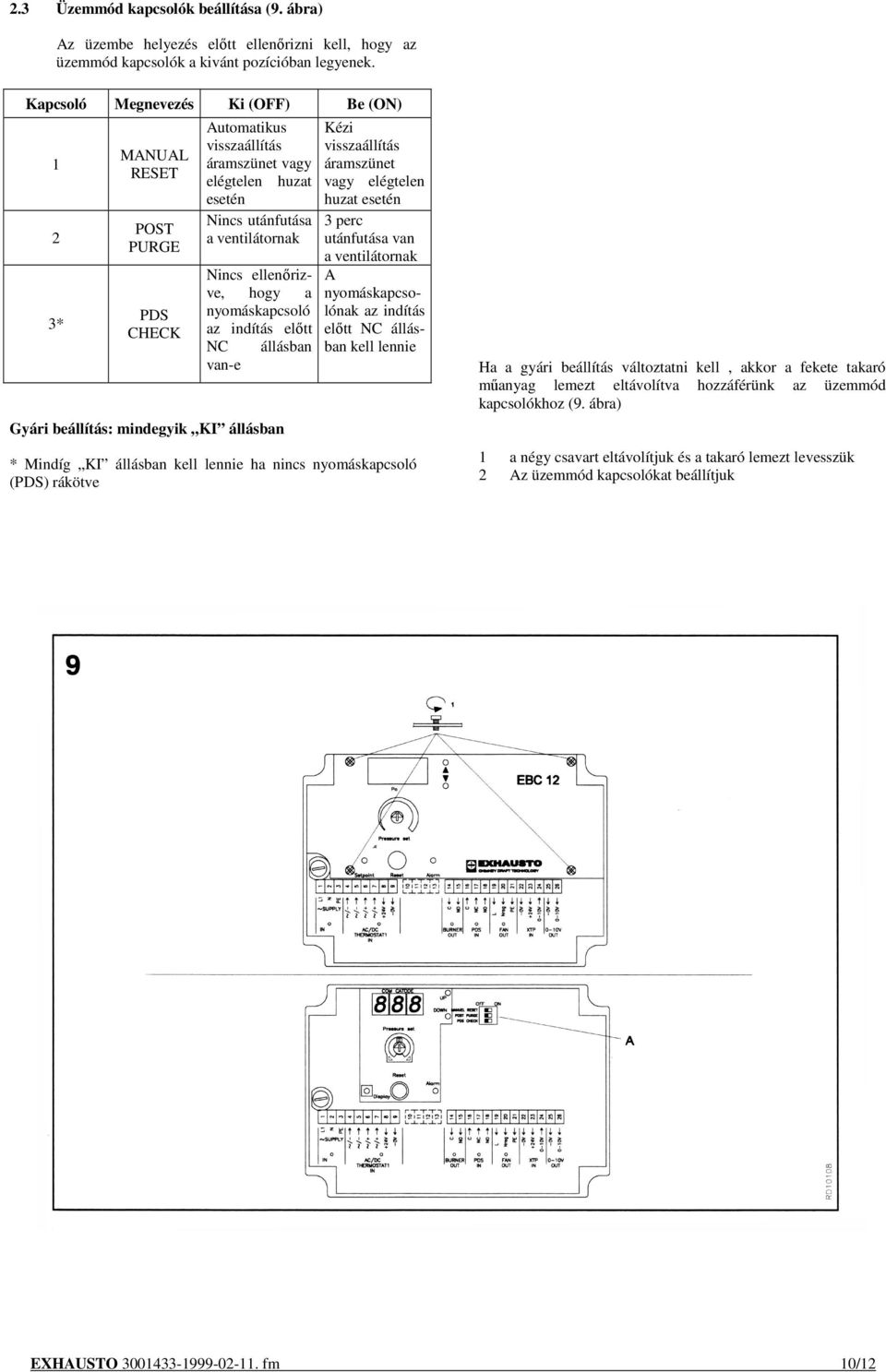 a nyomáskapcsoló az indítás elıtt NC van-e Gyári beállítás: mindegyik KI állásban állásban Kézi visszaállítás áramszünet vagy elégtelen huzat esetén 3 perc utánfutása van a ventilátornak A