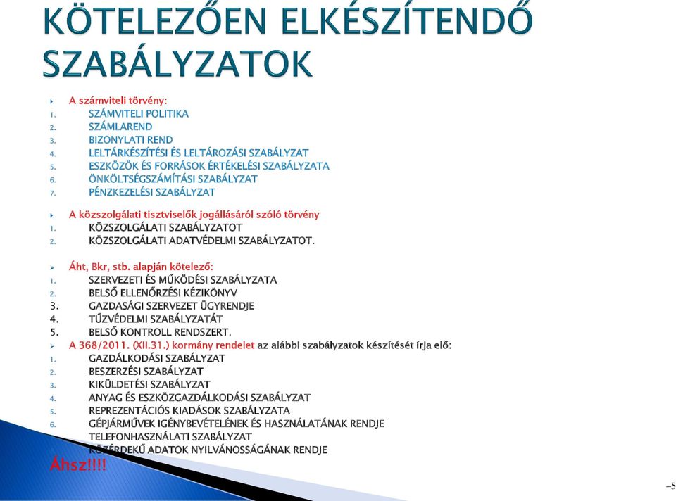 alapján kötelező: 1. SZERVEZETI ÉS MŰKÖDÉSI SZABÁLYZATA 2. BELSŐ ELLENŐRZÉSI KÉZIKÖNYV 3. GAZDASÁGI SZERVEZET ÜGYRENDJE 4. TŰZVÉDELMI SZABÁLYZATÁT 5. BELSŐ KONTROLL RENDSZERT. A 368/2011. (XII.31.