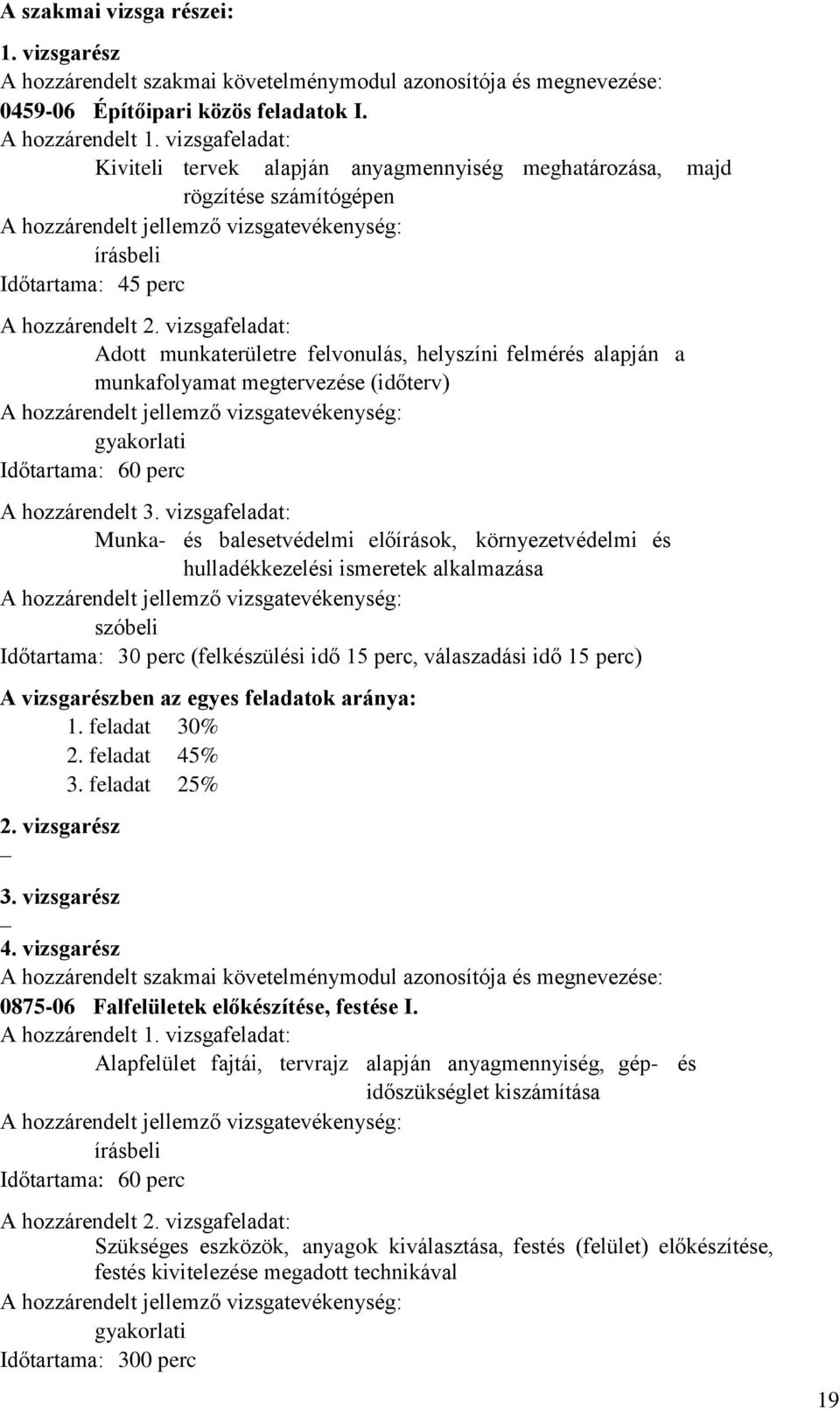 vizsgafeladat: Adott munkaterületre felvonulás, helyszíni felmérés alapján a munkafolyamat megtervezése (időterv) A hozzárendelt jellemző vizsgatevékenység: gyakorlati Időtartama: 60 perc A