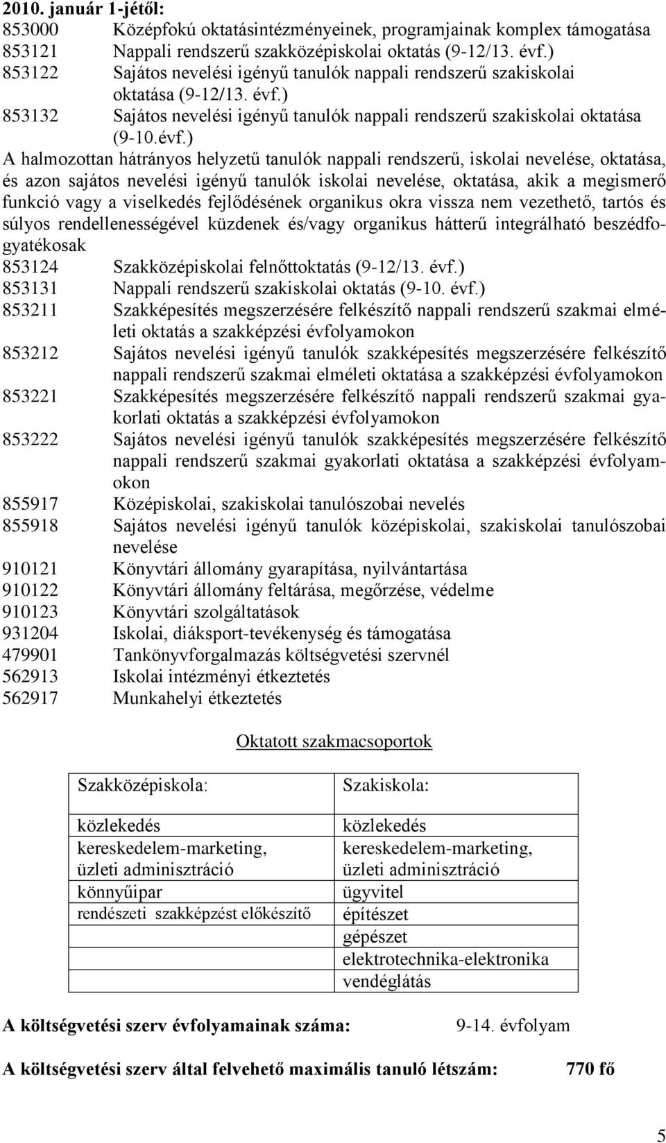 ) 853132 Sajátos nevelési igényű tanulók nappali rendszerű szakiskolai oktatása (9-10.évf.